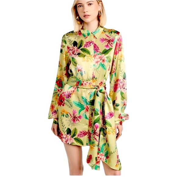 ROCOCO SAND Rue Short Dress 100% Silk Large Lime Green Colourful Floral - Picture 2 of 15